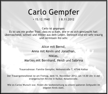 Traueranzeige von Carlo Gempfer von Rheinische Post