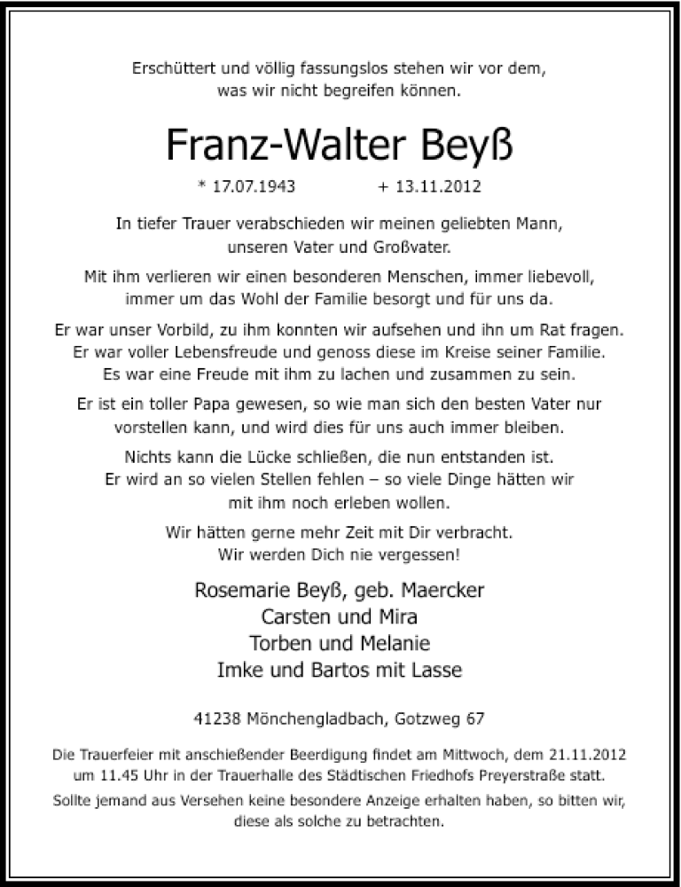  Traueranzeige für Franz-Walter Beyß vom 17.11.2012 aus Rheinische Post