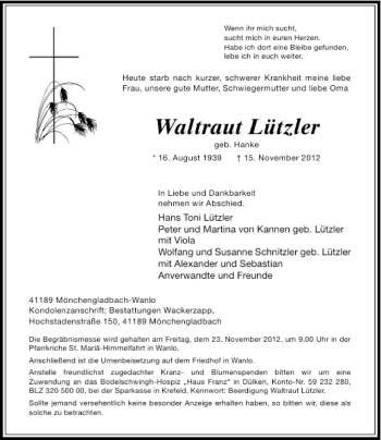 Traueranzeige von Waltraut Lützler von Rheinische Post