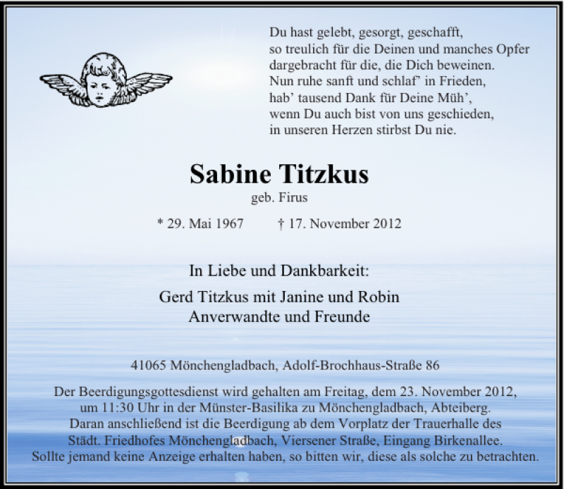  Traueranzeige für Sabine Titzkus vom 20.11.2012 aus Rheinische Post