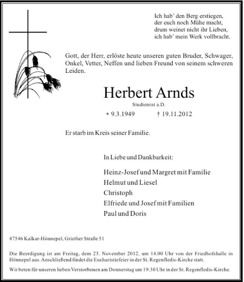  Traueranzeige für Herbert Arnds vom 21.11.2012 aus Rheinische Post