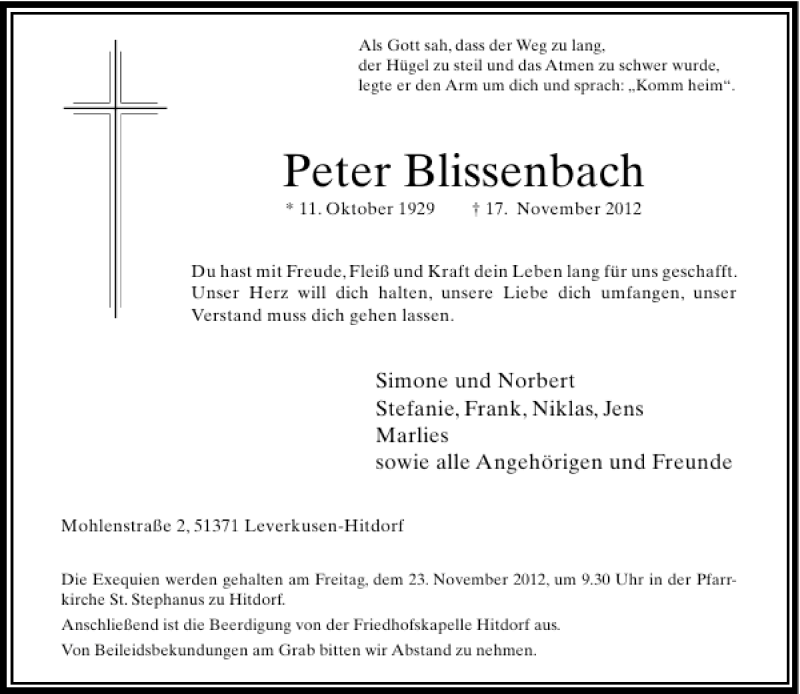  Traueranzeige für Blissenbach Peter vom 21.11.2012 aus Rheinische Post