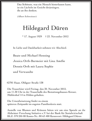 Traueranzeige von Hildegard Düren von Rheinische Post