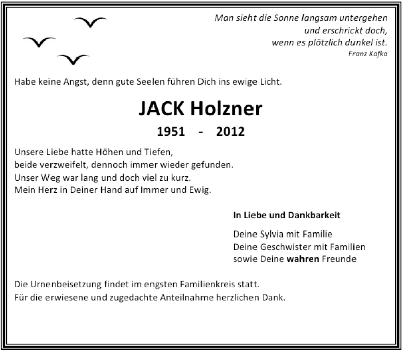  Traueranzeige für Holzner Jack vom 01.12.2012 aus Rheinische Post