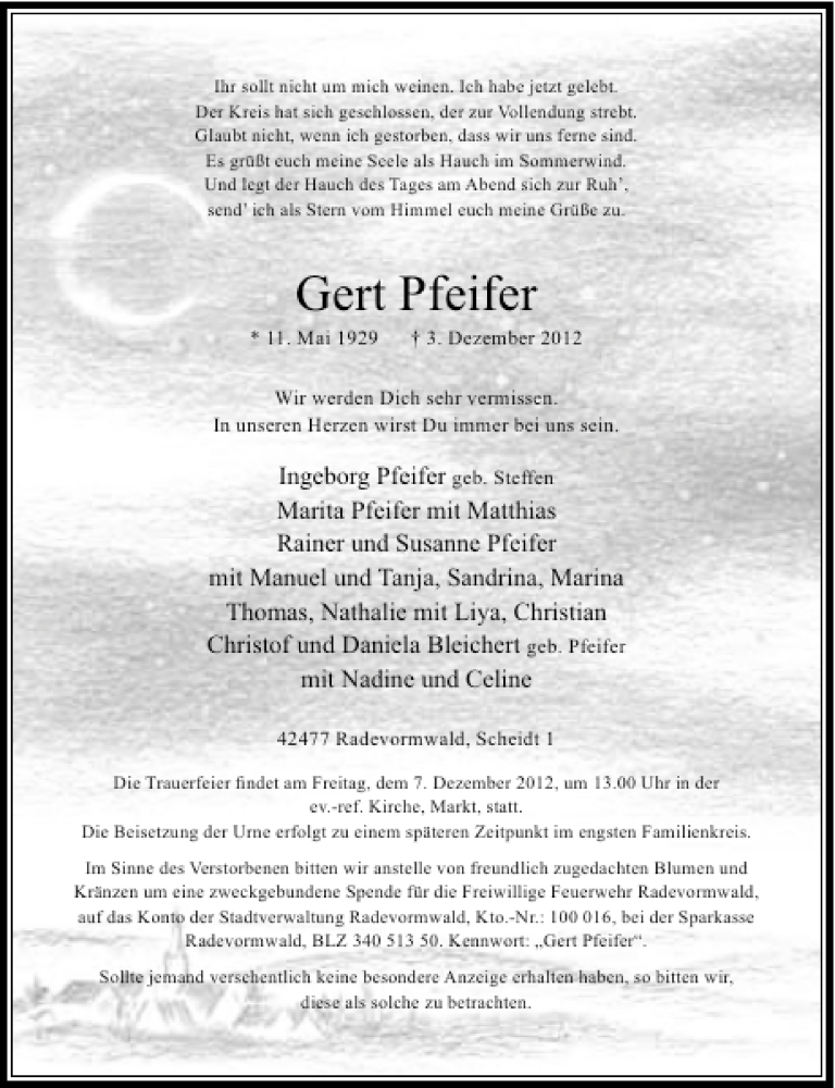  Traueranzeige für Gert Pfeifer vom 05.12.2012 aus Rheinische Post