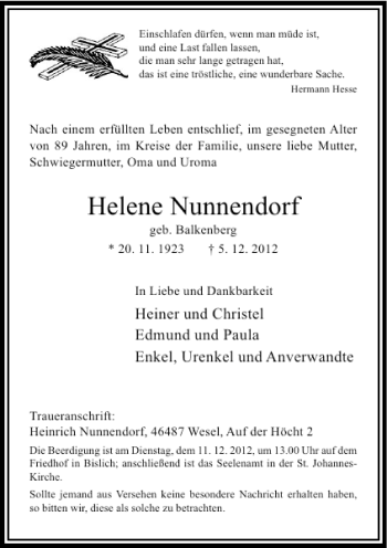 Traueranzeige von Helene Nunnendorf von Rheinische Post