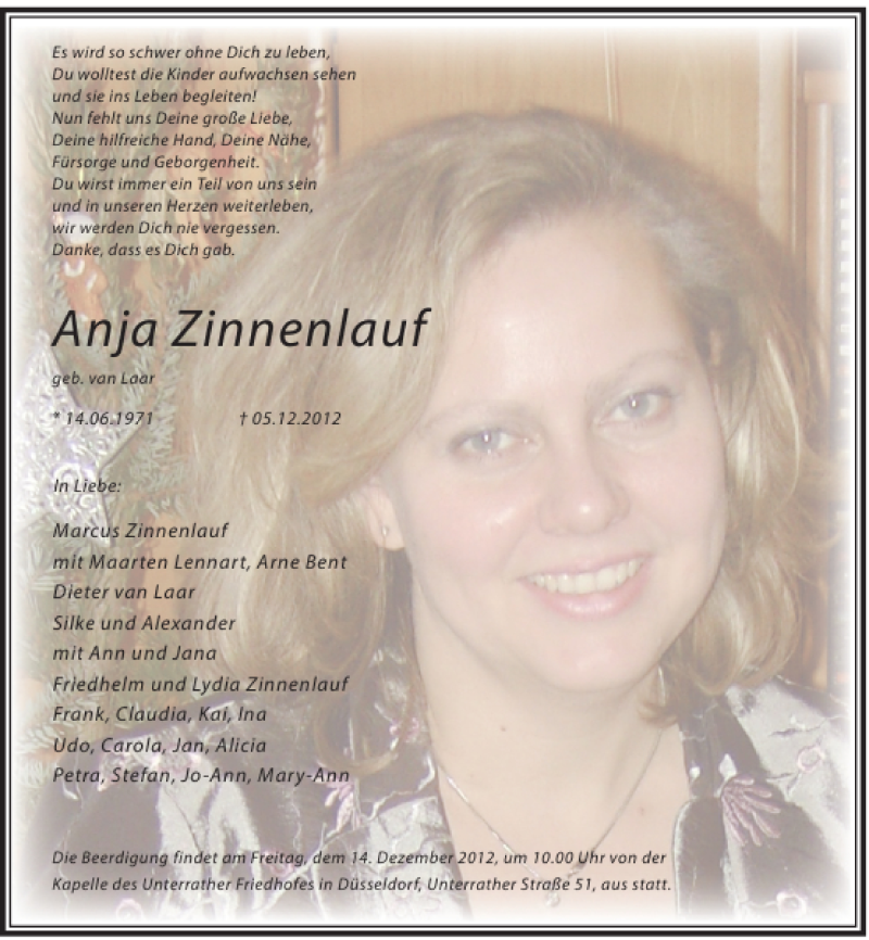  Traueranzeige für Anja Zinnenlauf vom 08.12.2012 aus Rheinische Post