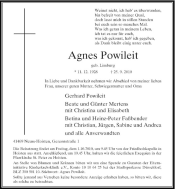 Traueranzeige von Agnes Powileit von Rheinische Post
