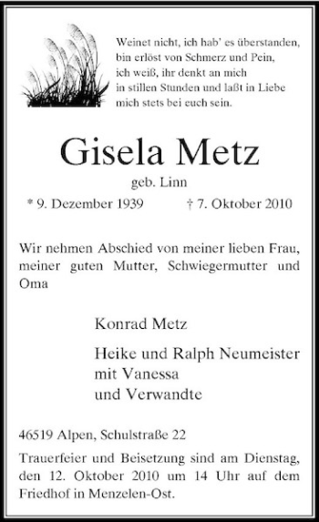 Traueranzeige von Gisela Metz von Rheinische Post