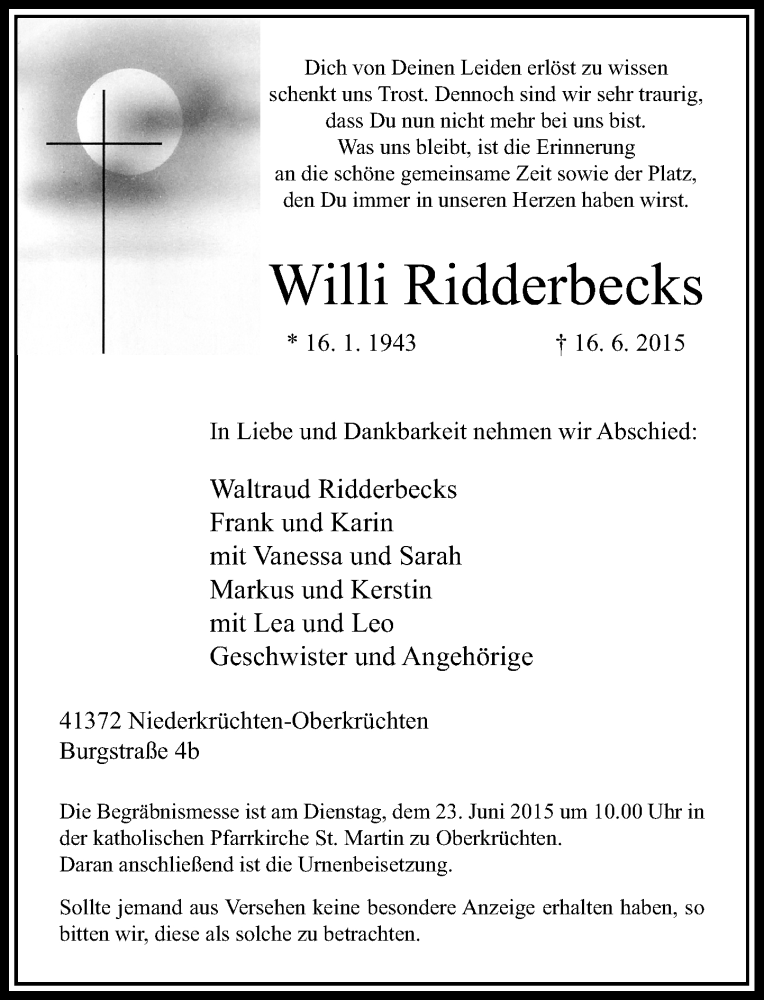  Traueranzeige für Willi Ridderbecks vom 20.06.2015 aus Rheinische Post