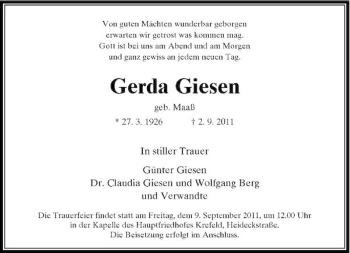 Traueranzeige von Gerda Giesen von Rheinische Post