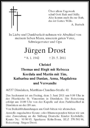 Traueranzeige von Jürgen Drost von Rheinische Post