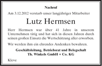 Traueranzeige von Lutz Hermsen von Rheinische Post