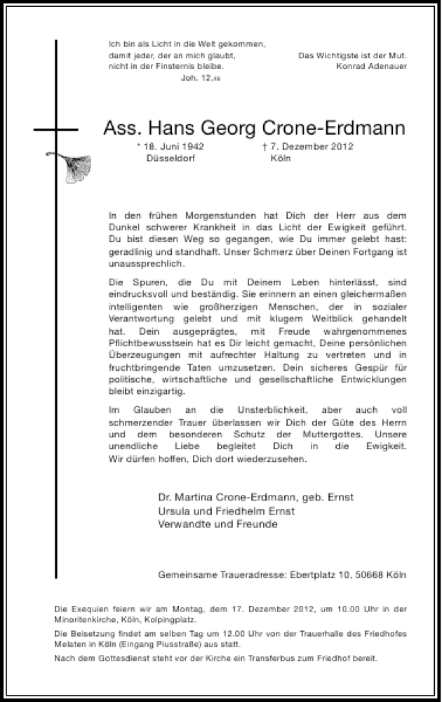  Traueranzeige für Ass. Hans Georg Crone-Erdmann vom 12.12.2012 aus Rheinische Post