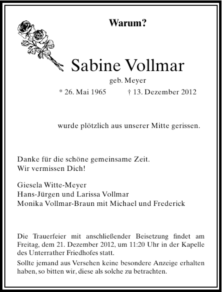 Traueranzeige für Sabine Vollmar vom 19.12.2012 aus Rheinische Post