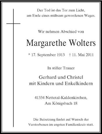 Traueranzeige von Margarethe Wolters von Rheinische Post