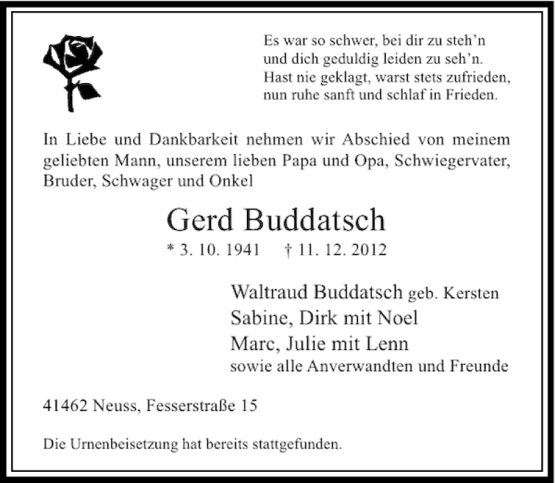  Traueranzeige für Gerd Buddatsch vom 22.12.2012 aus Rheinische Post