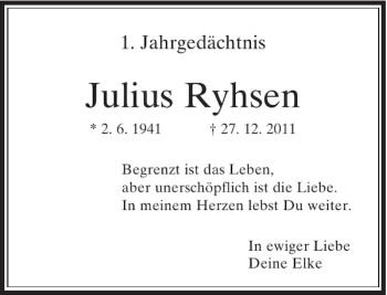 Traueranzeige von Julius Ryhsen von Rheinische Post