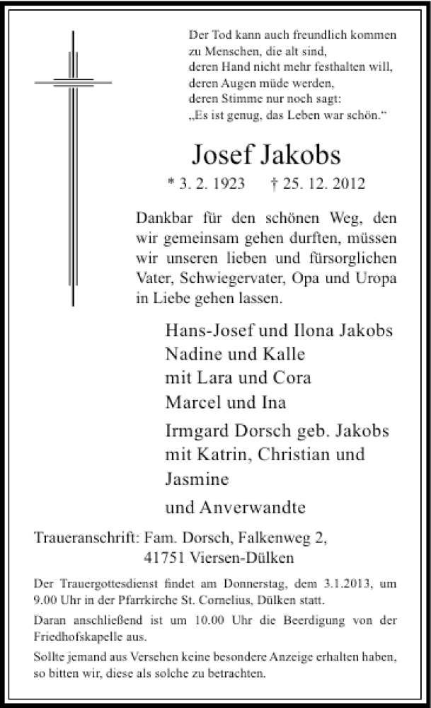 Alle Traueranzeigen für Josef Jakobs | trauer.rp-online.de