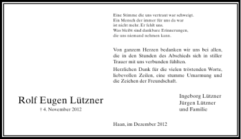 Traueranzeige von Rolf Eugen Lützner von Rheinische Post