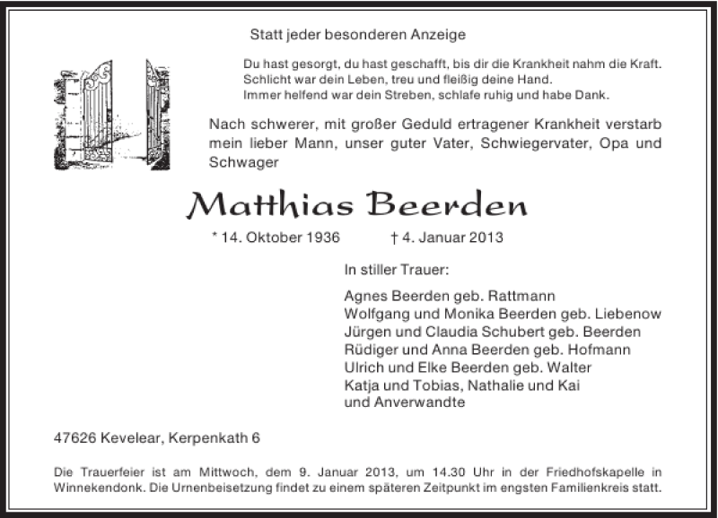  Traueranzeige für Matthias Beerden vom 07.01.2013 aus Rheinische Post