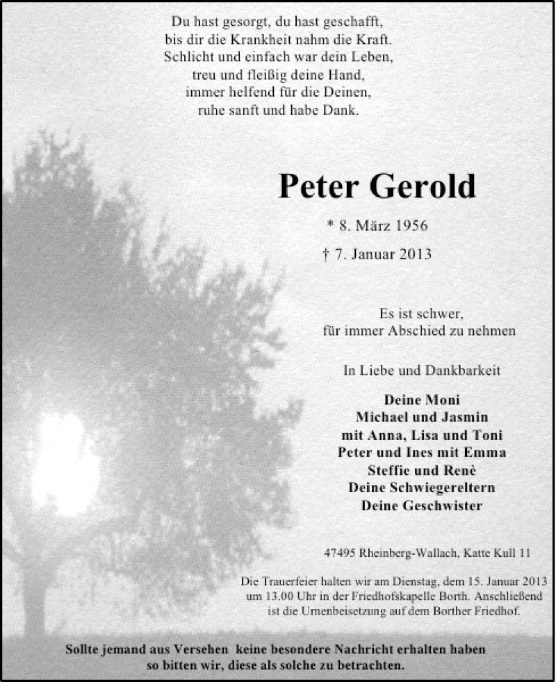  Traueranzeige für Peter Gerold vom 10.01.2013 aus Rheinische Post