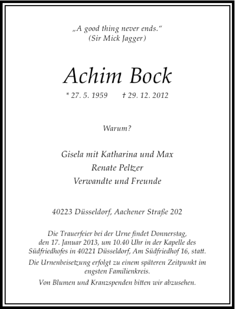  Traueranzeige für Achim Bock vom 12.01.2013 aus Rheinische Post