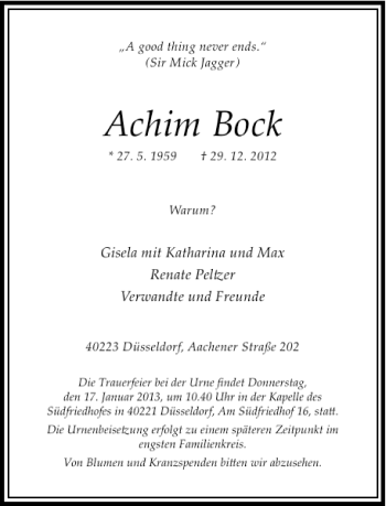 Traueranzeige von Achim Bock von Rheinische Post