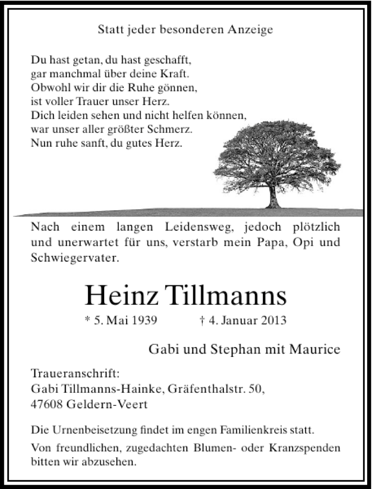  Traueranzeige für Heinrich Tillmanns vom 12.01.2013 aus Rheinische Post