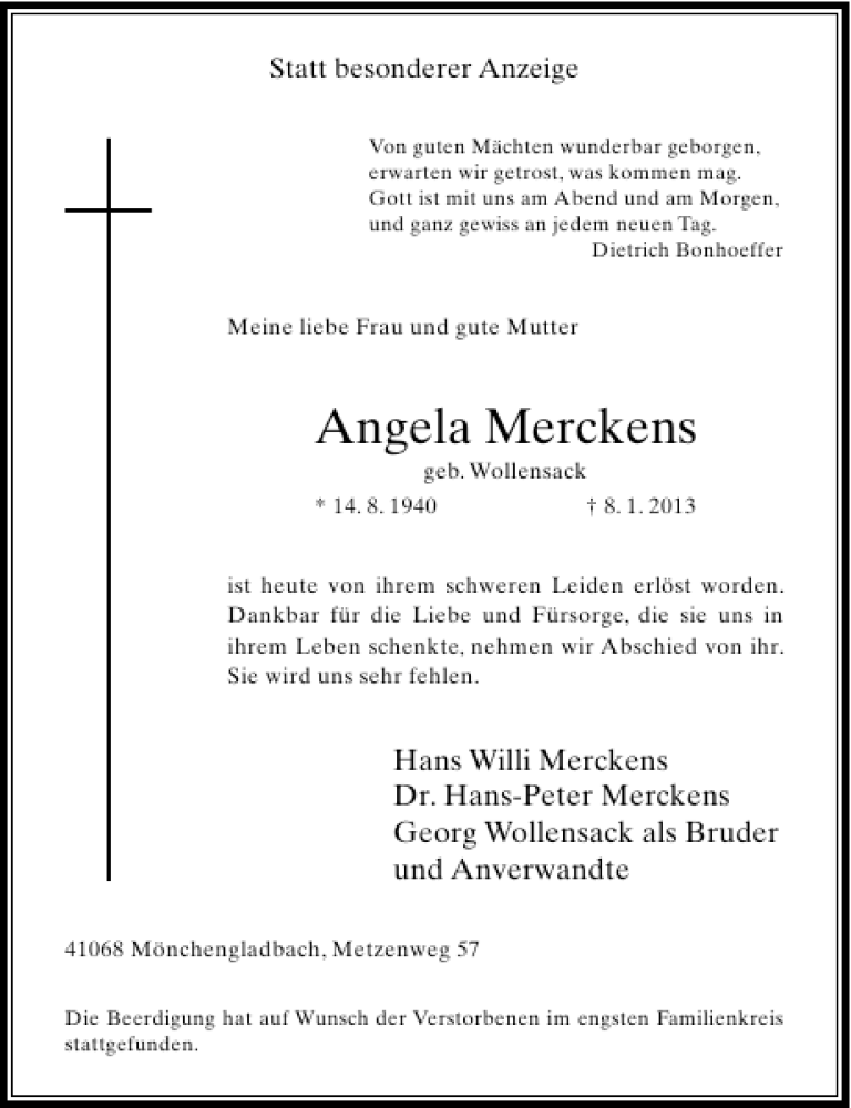  Traueranzeige für Angela Merckens vom 26.01.2013 aus Rheinische Post