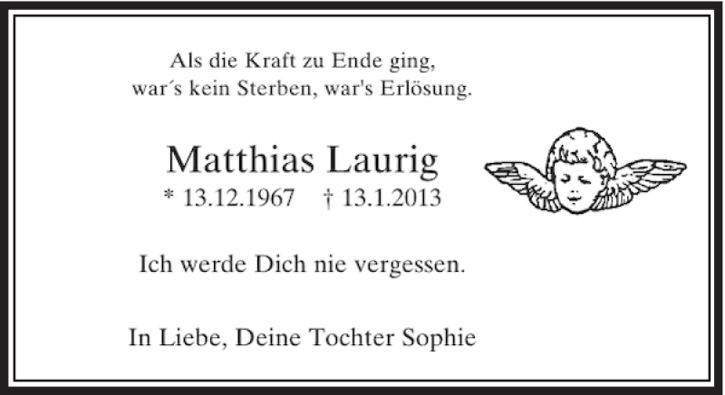  Traueranzeige für Matthias Laurig vom 19.01.2013 aus Rheinische Post