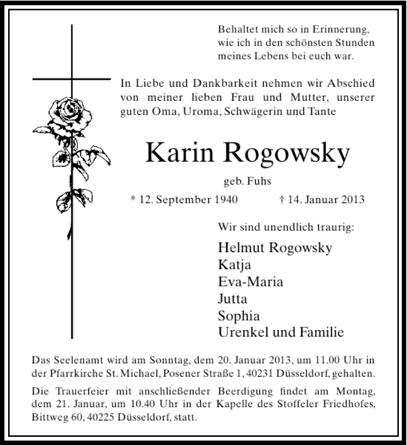  Traueranzeige für Karin Rogowsky vom 16.01.2013 aus Rheinische Post