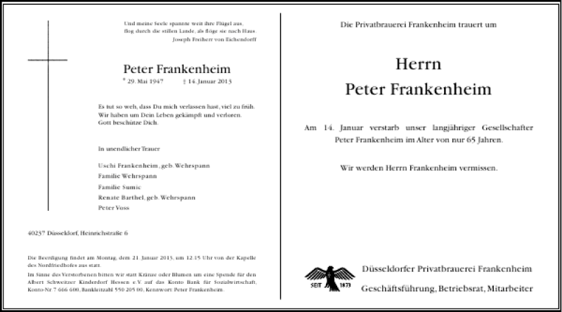  Traueranzeige für Peter Frankenheim vom 17.01.2013 aus Rheinische Post