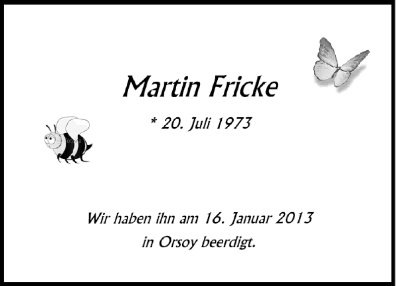  Traueranzeige für Martin Fricke vom 18.01.2013 aus Rheinische Post