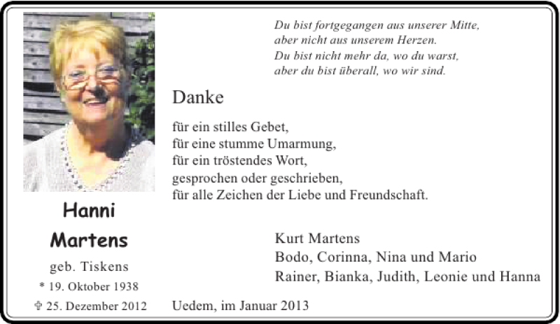 Traueranzeige für Hanni Martens vom 19.01.2013 aus Rheinische Post