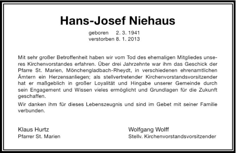  Traueranzeige für Hans-Josef Niehaus vom 19.01.2013 aus Rheinische Post