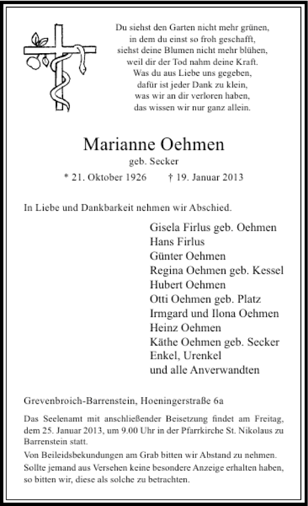  Traueranzeige für Marianne Oehmen vom 23.01.2013 aus Rheinische Post