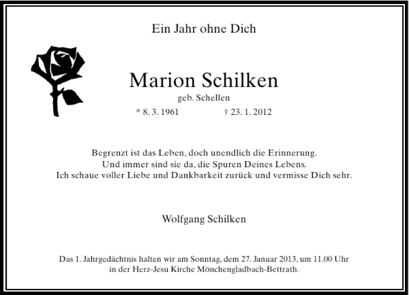  Traueranzeige für Marion Schilken vom 23.01.2013 aus Rheinische Post