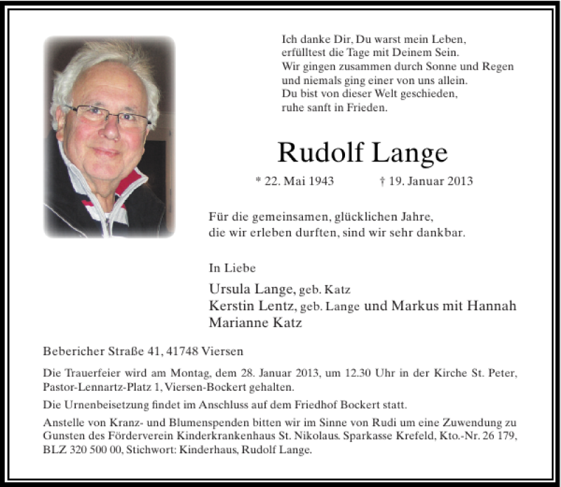  Traueranzeige für Rudolf Lange vom 24.01.2013 aus Rheinische Post