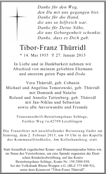 Traueranzeige von Tibor-Franz Thürridl von Rheinische Post