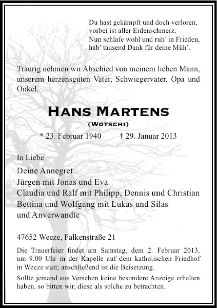  Traueranzeige für Hans Martens vom 31.01.2013 aus Rheinische Post
