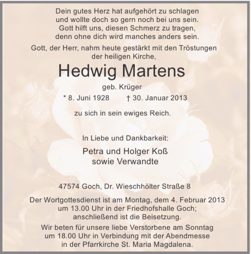  Traueranzeige für Hedwig Martens vom 01.02.2013 aus Rheinische Post