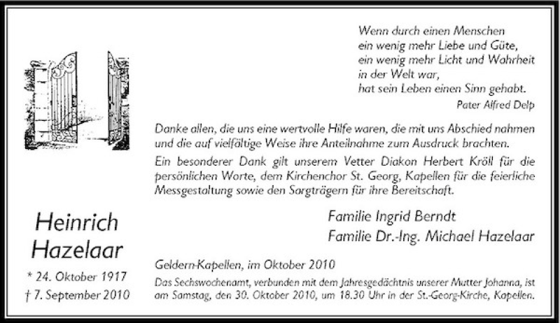  Traueranzeige für Heinrich Hazelaar vom 13.10.2010 aus Rheinische Post