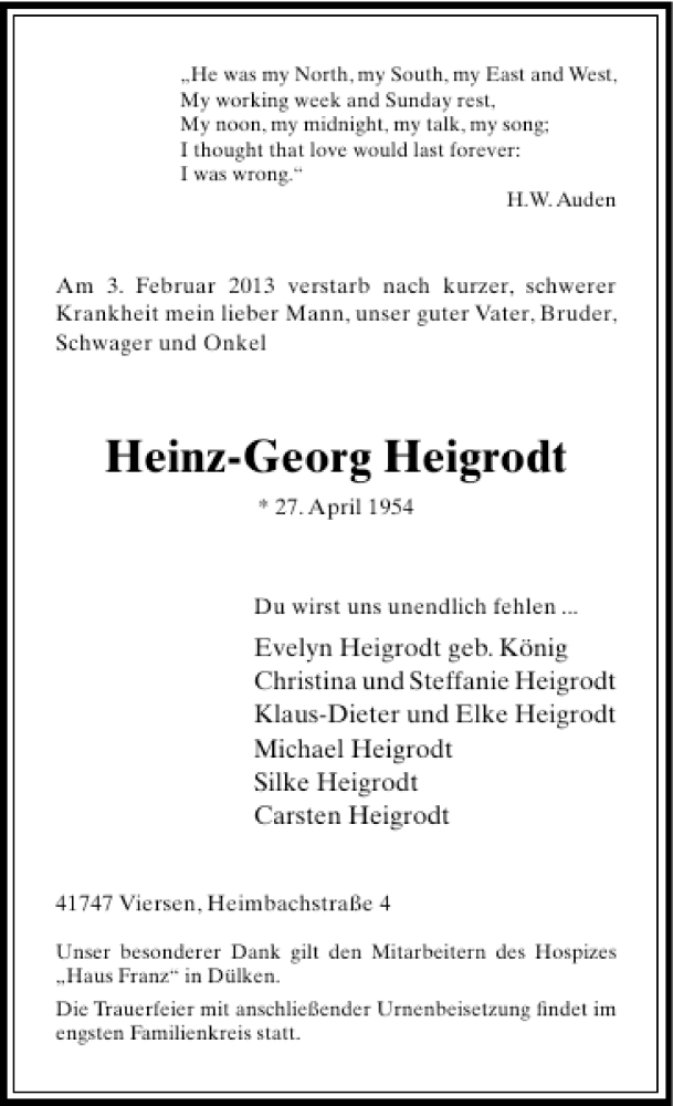  Traueranzeige für Heinz-Georg Heigrodt vom 09.02.2013 aus Rheinische Post