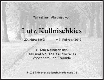 Traueranzeige von Lutz Kallnischkies von Rheinische Post