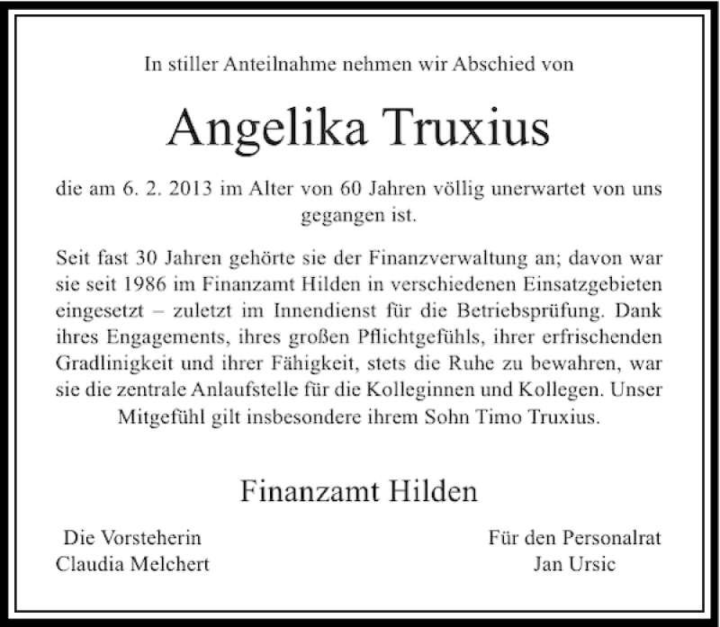  Traueranzeige für Angelika Truxius vom 13.02.2013 aus Rheinische Post