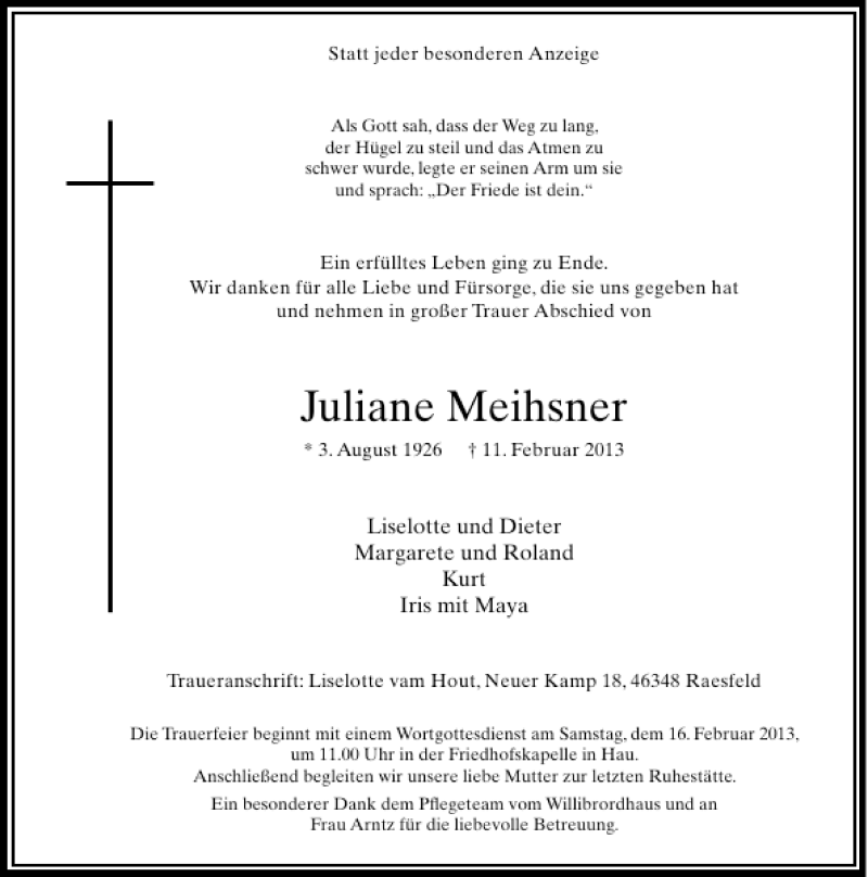  Traueranzeige für Juliane Meihauer vom 14.02.2013 aus Rheinische Post