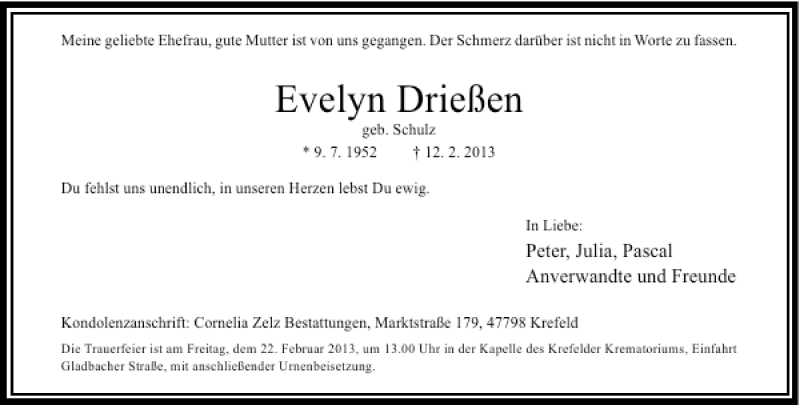  Traueranzeige für Evelyn Drießen vom 16.02.2013 aus Rheinische Post