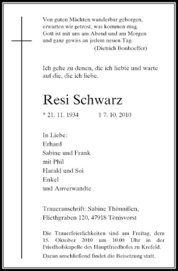 Traueranzeige von Resi Schwarz von Rheinische Post