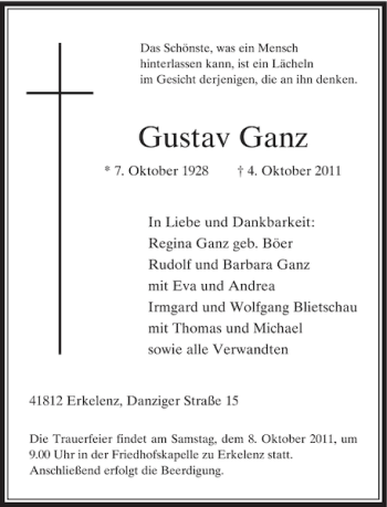 Traueranzeige von Gustav Ganz von Rheinische Post